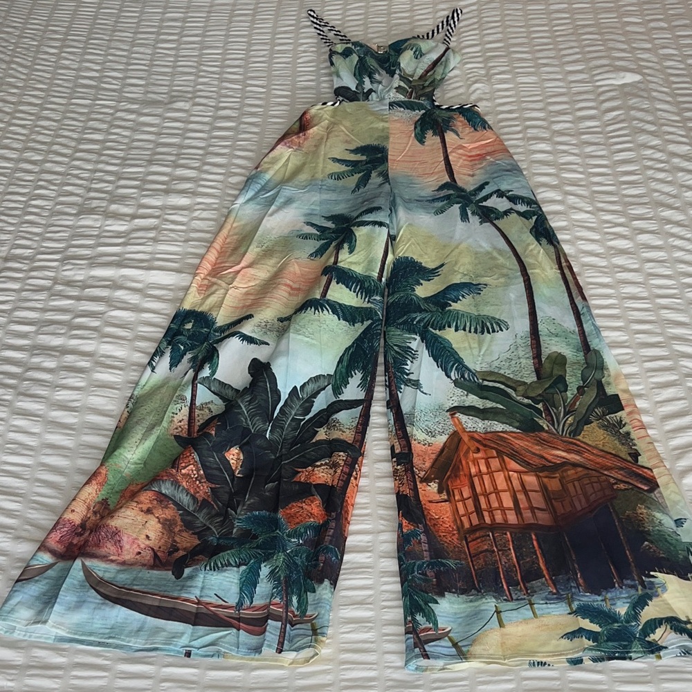 Fashion Nova Tropical Print Wide-Leg Jumpsuit in Teal, Green, Peach